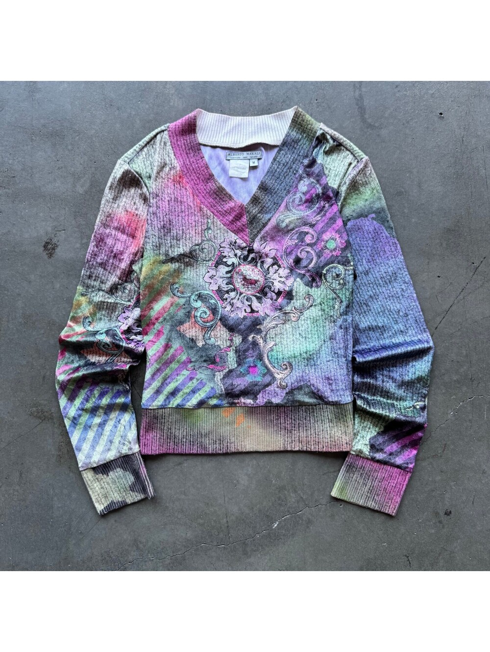 Vintage 90s Y2K Alberto Makali Abstract Archive V Neck Women's Blouse Size M